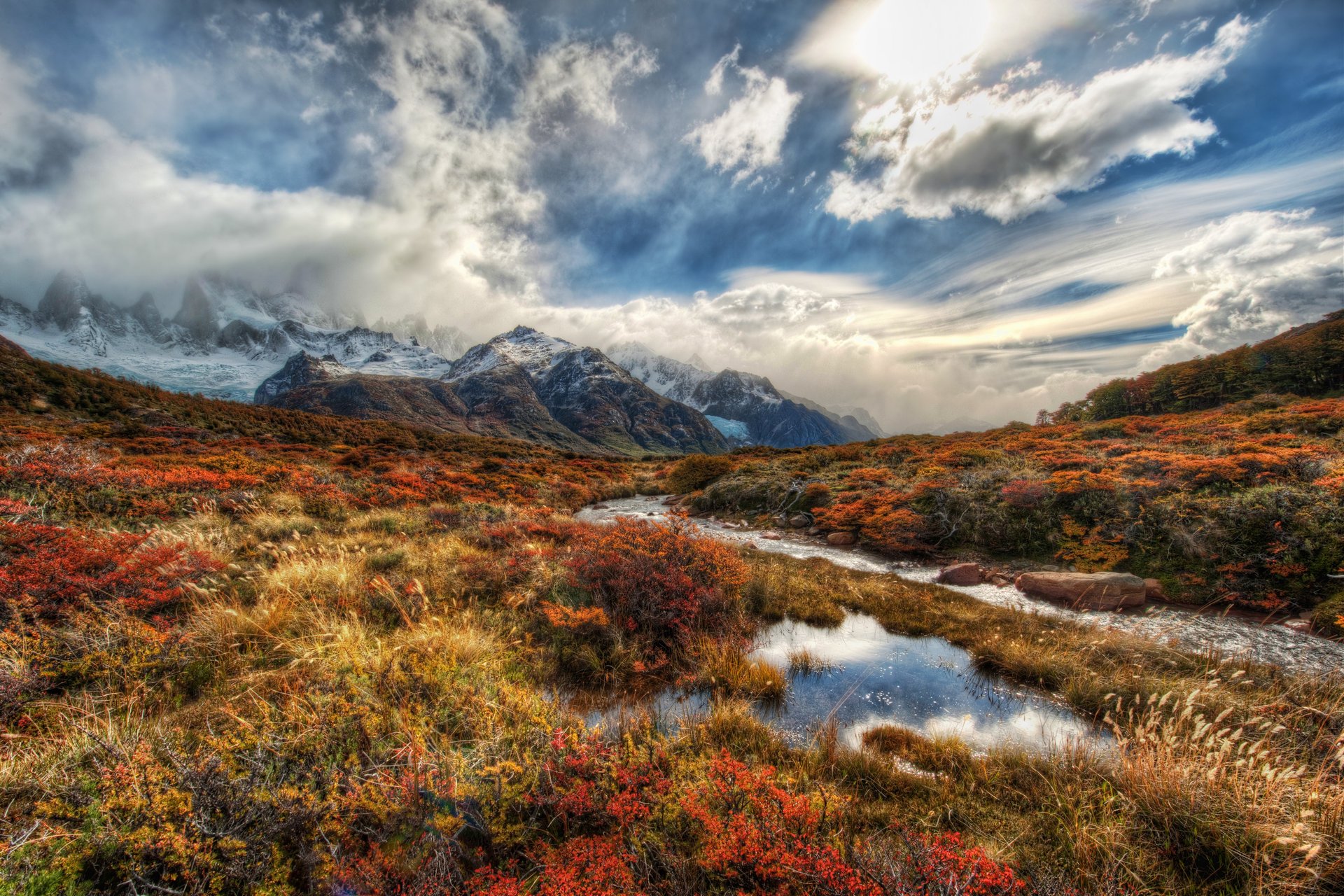 mountain andes valley grass river cloud