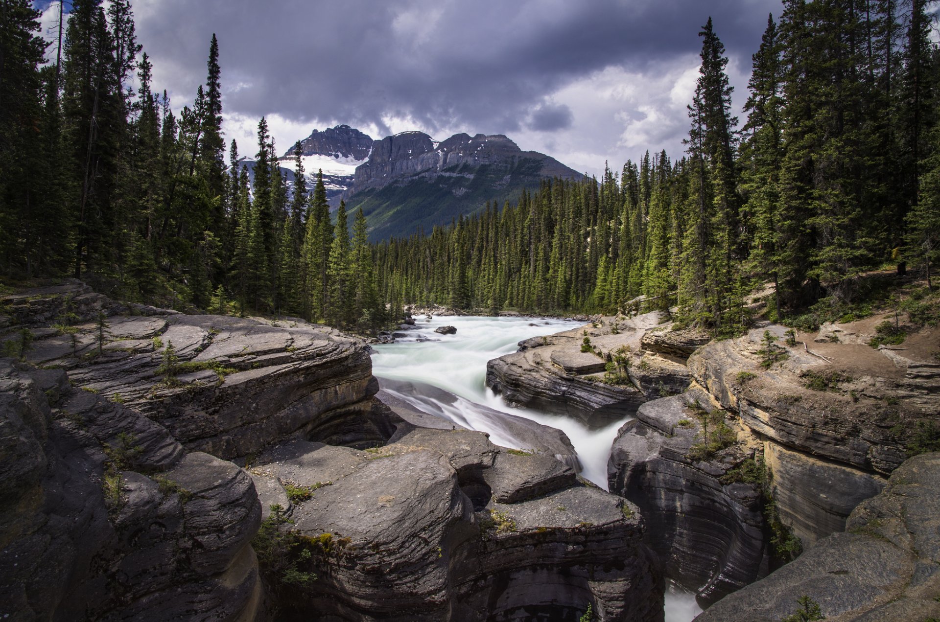 montagnes forêt rivière cascade pierres canyon mistaya