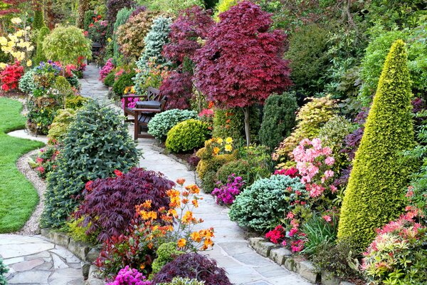 Jardín de diseño con pasarela y banco