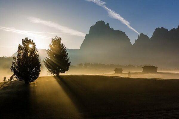 Beautiful landscape of the morning on the background of mountains