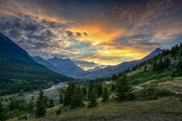 Sonnenuntergang im Waldtal vor dem Hintergrund der Berge