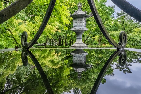 Tempio in Giappone. Riflessione in acqua