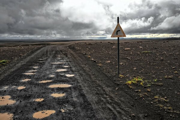 Chemin de terre et signe sur le bord de la route