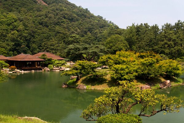 Japanischer Park mit Bäumen und Pavillons