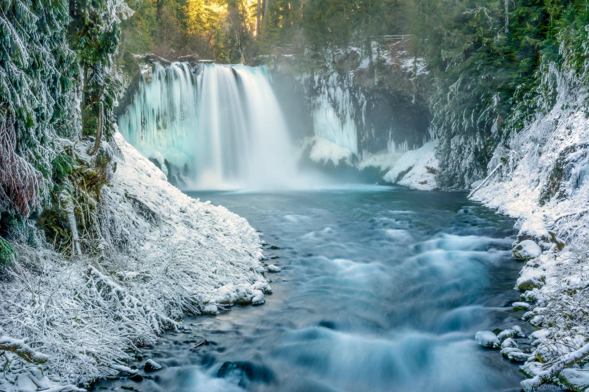 forest waterfall winter river morning snow nature