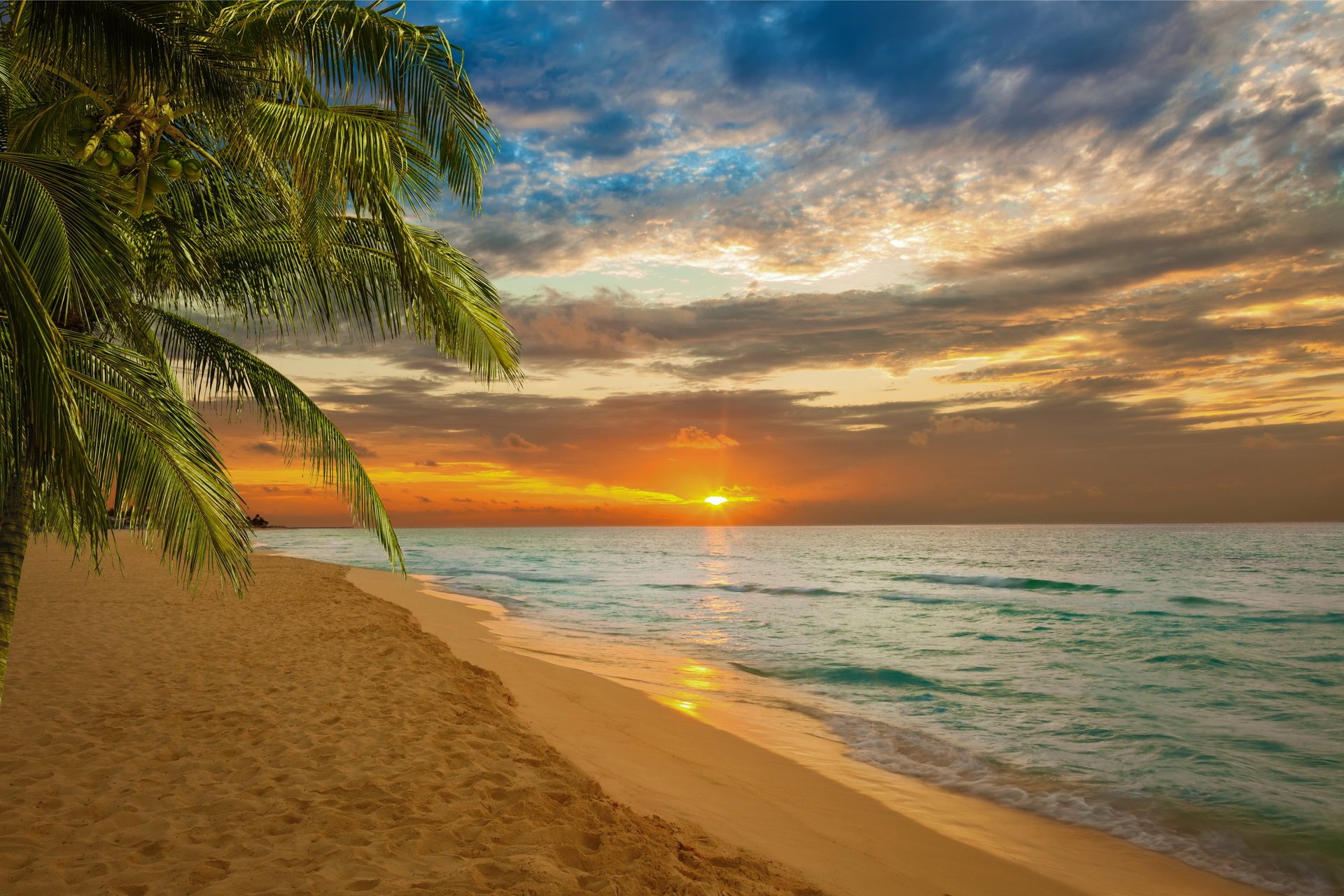 sonnenuntergang strand meer küste paradies tropisch sand palmen