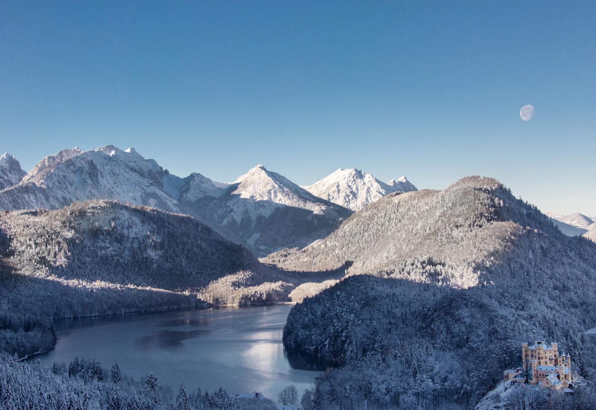 natura inverno foresta neve montagne lago castello