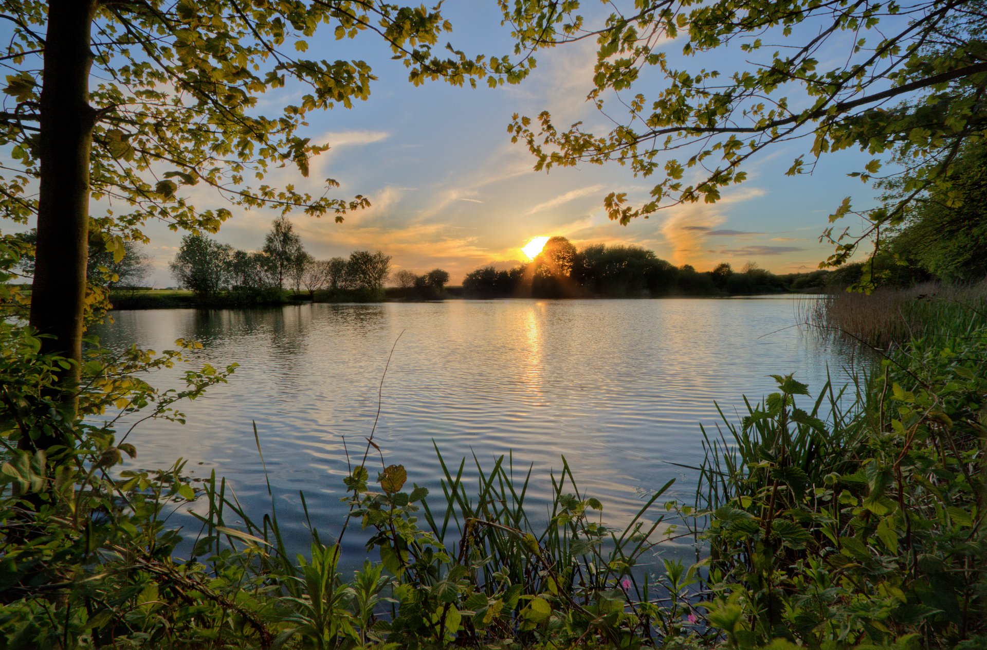 himmel sonnenuntergang teich fluss bäume abend