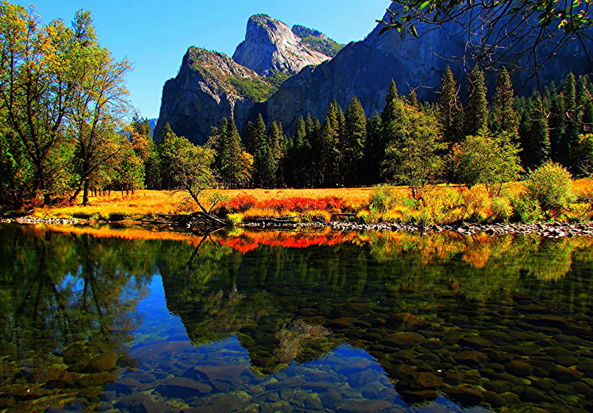 yosemite national park kalifornien usa berge wald bäume steine see herbst