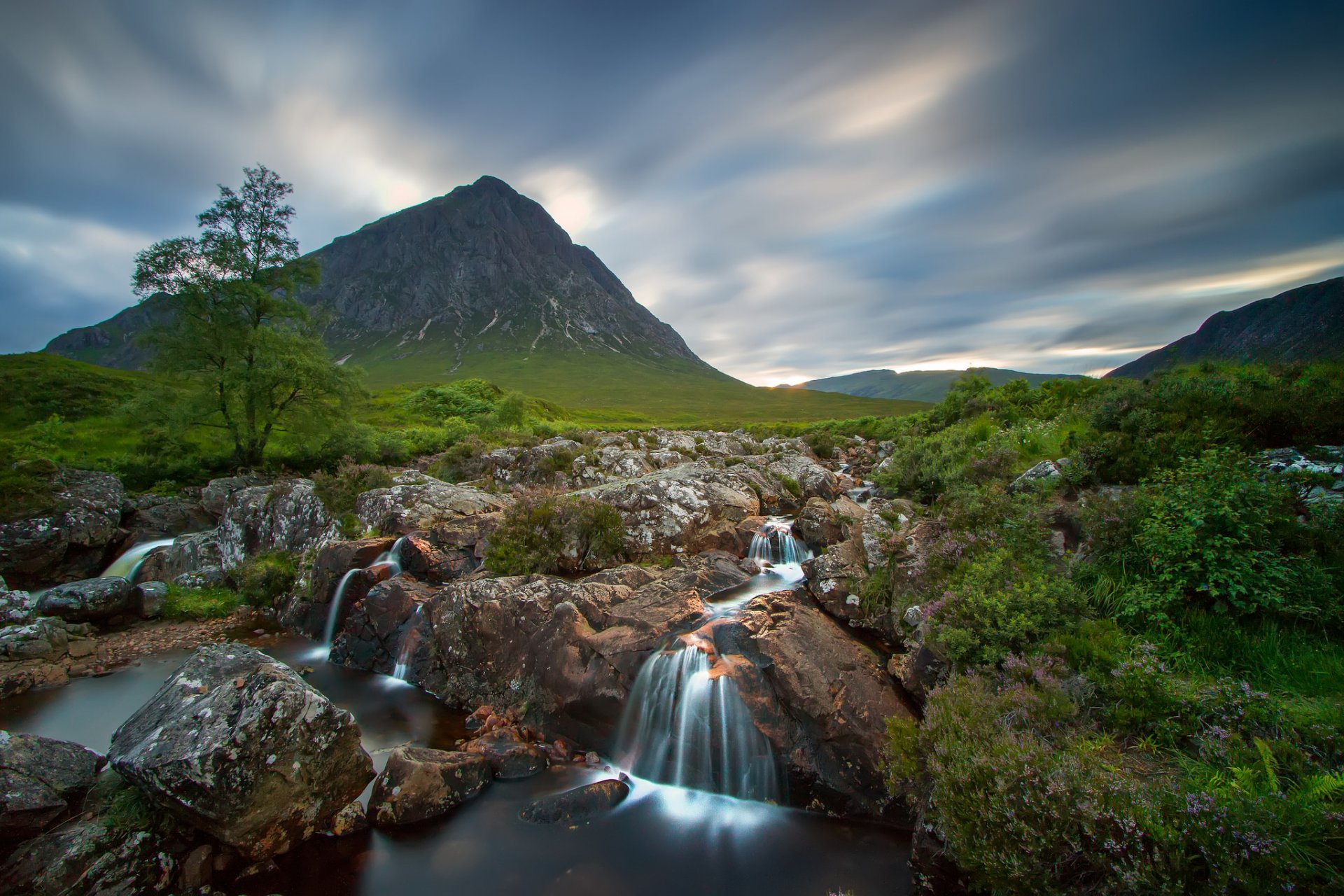 cotland sky mountain tree stones river waterfall