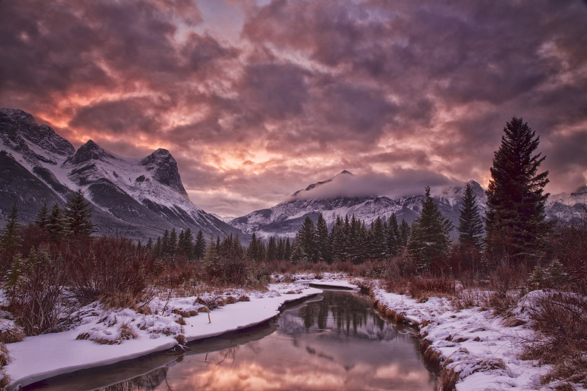 ky clouds night mountain winter snow river tree