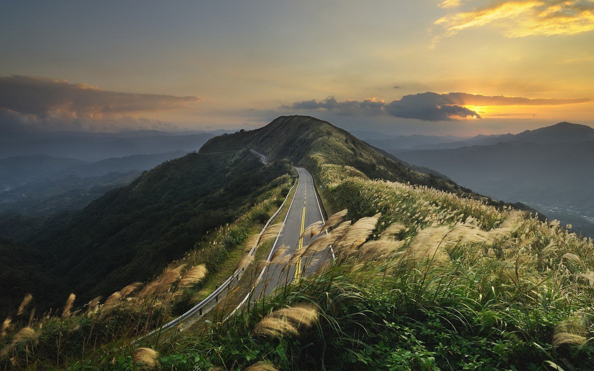 mountains road clouds hill