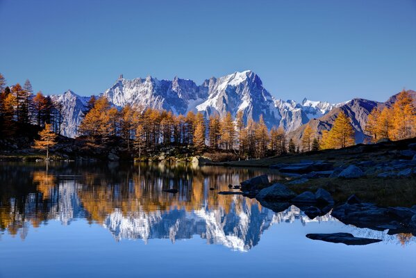 Reflection of snow-covered rocks in the lake