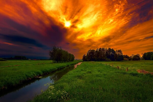 Landschaft einer wütenden Lichtung mit einem kleinen Bach vor dem Hintergrund eines himmlischen Glühen