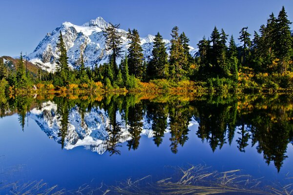 Reflejo del cielo y las montañas en el lago