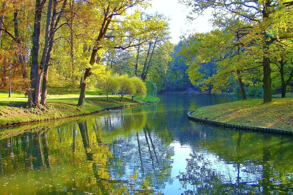 Parque de otoño con río y árboles