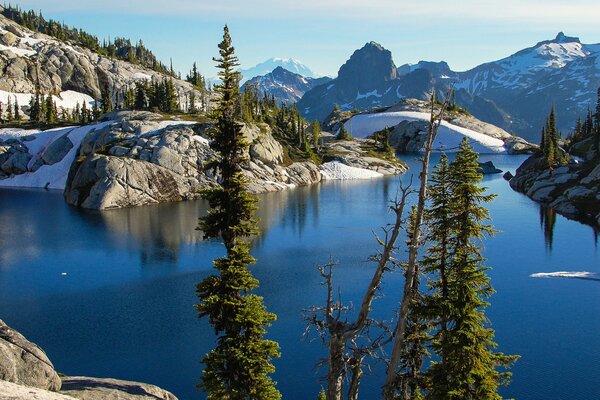 A lake in the middle of winter mountains