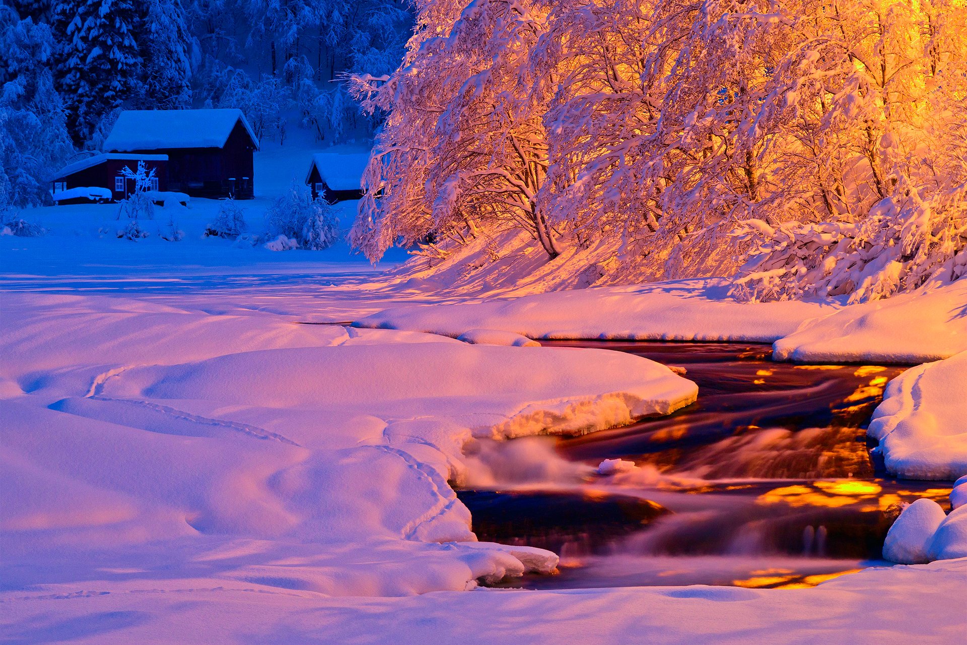 natura inverno sera notte luce fiume flusso neve