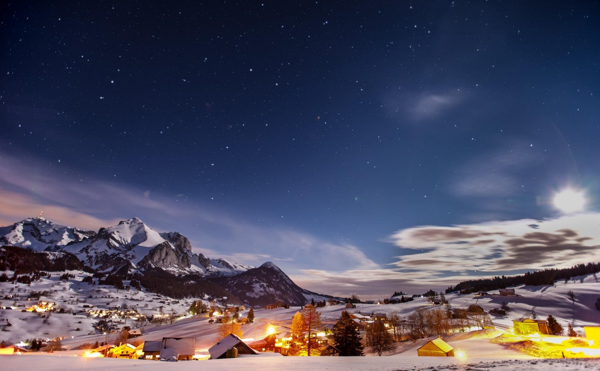 noche montañas invierno nieve ciudad luces