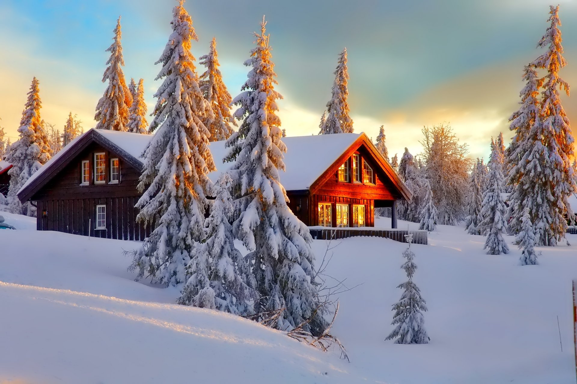 paesaggio inverno neve casa alberi natura foresta cielo