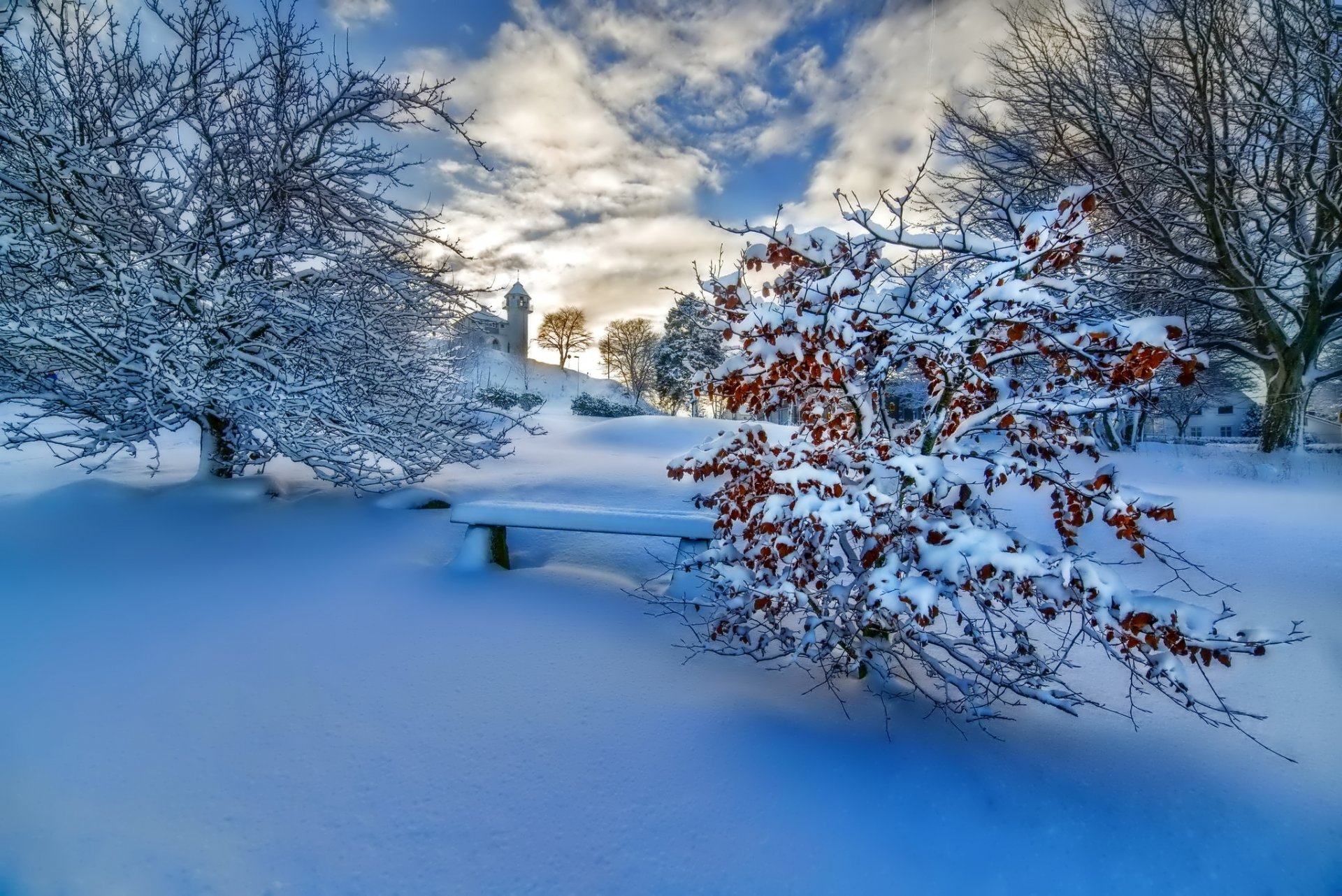 naturaleza paisaje invierno nieve árboles puesta de sol cielo nubes