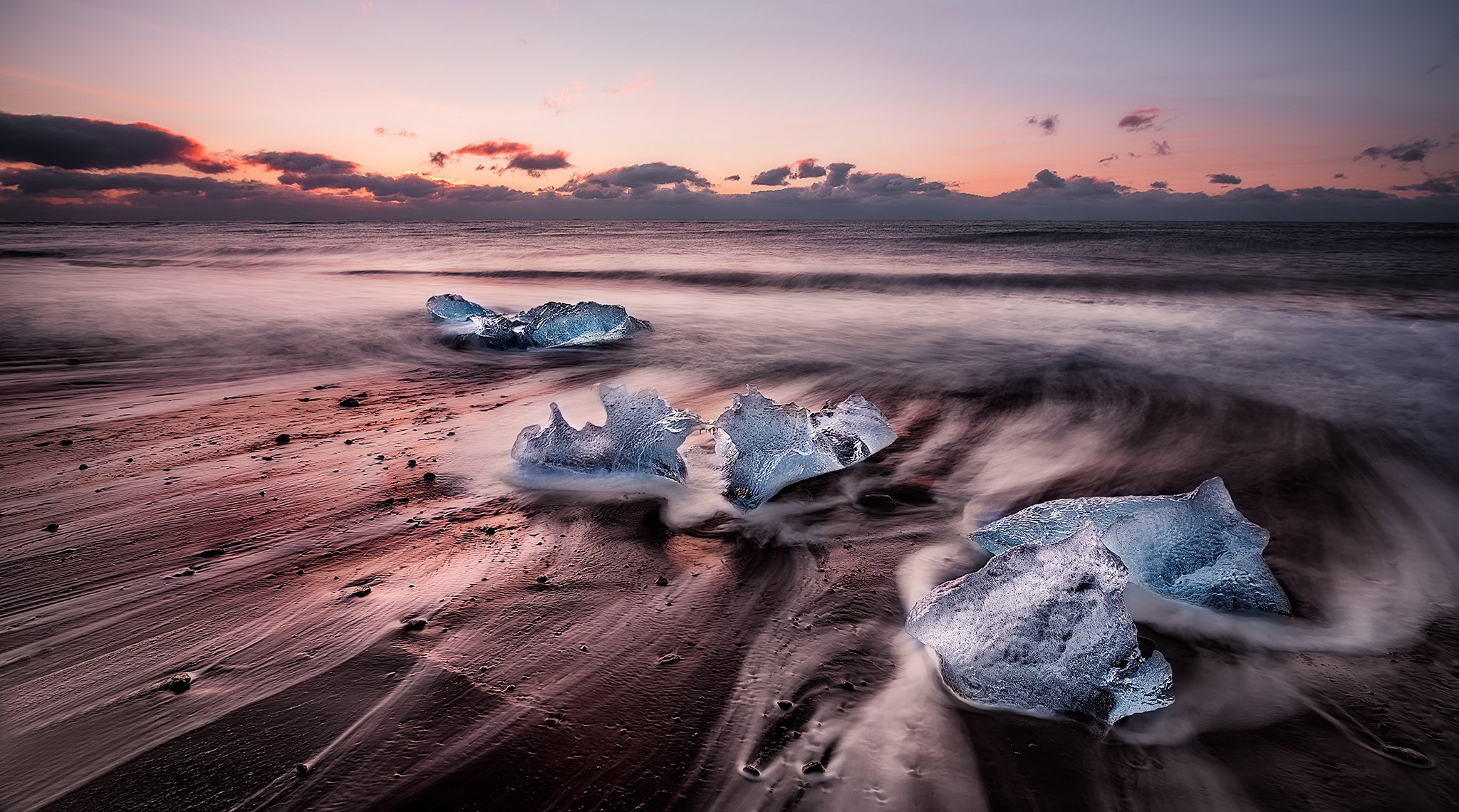 meer strand eisschollen sonnenuntergang