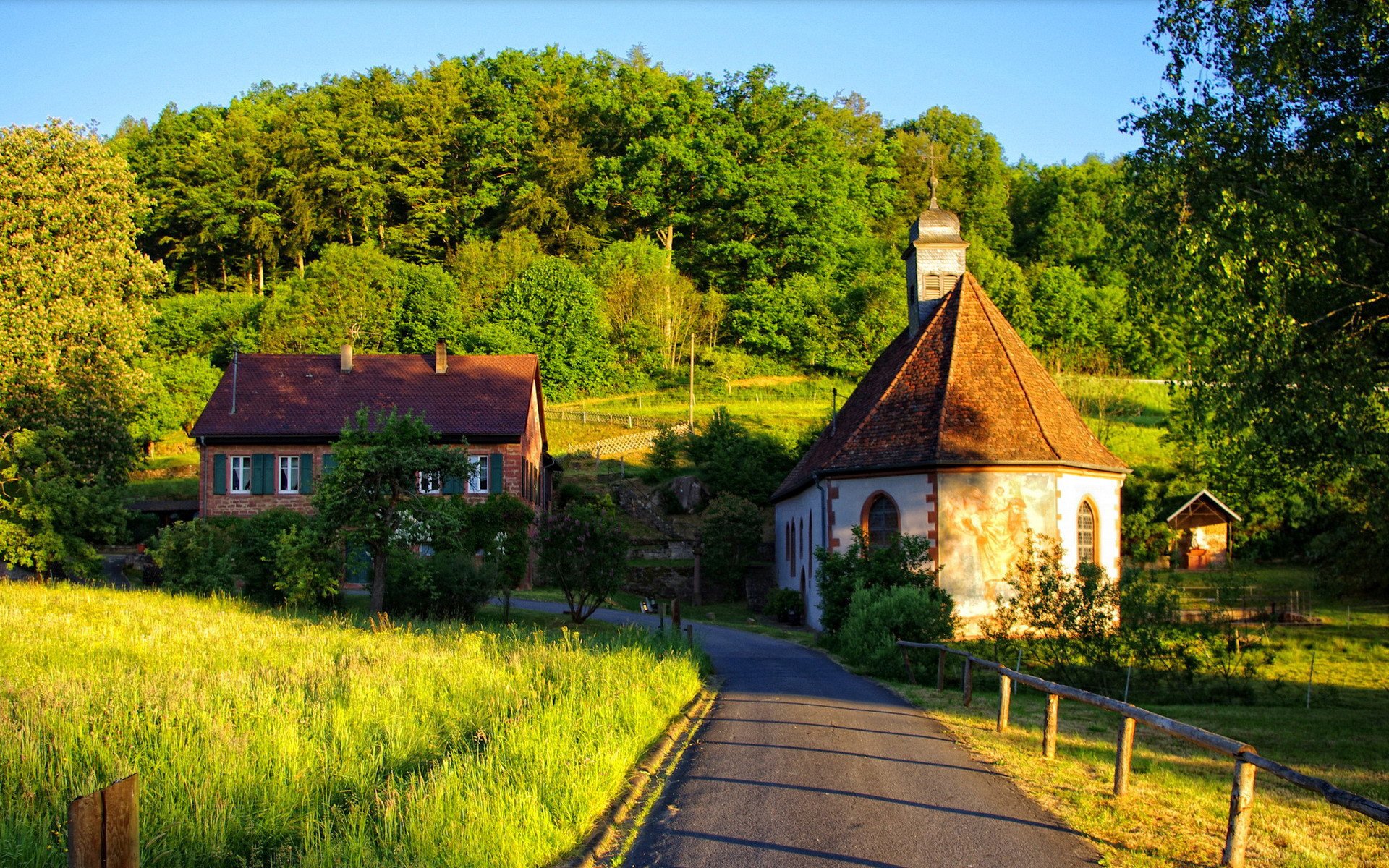 verano casas bosque camino vegetación cerca