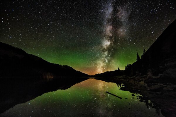 Photo of the starry sky and the lake. The Milky Way