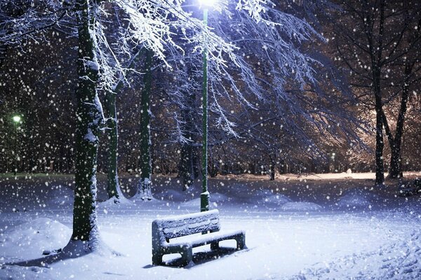 Eine Bank in einem schneebedeckten Park