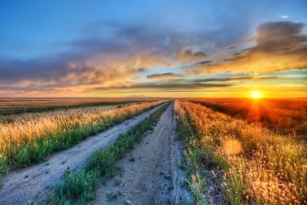 Tramonto favoloso in un ampio campo