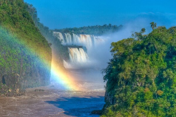 Cascata arcobaleno e succosa vegetazione della giungla