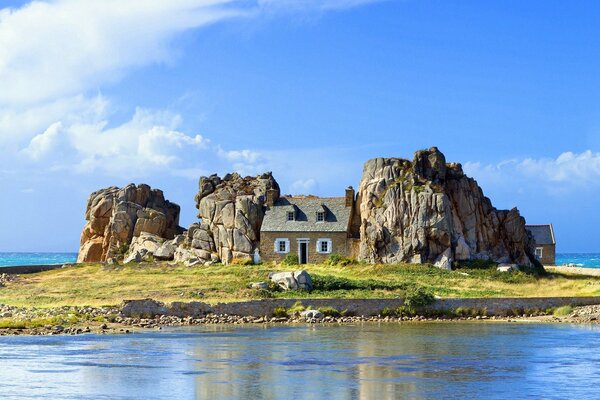 Lonely house among the rocks on the island