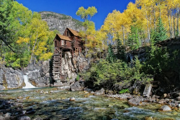 There is a wooden house on the stones