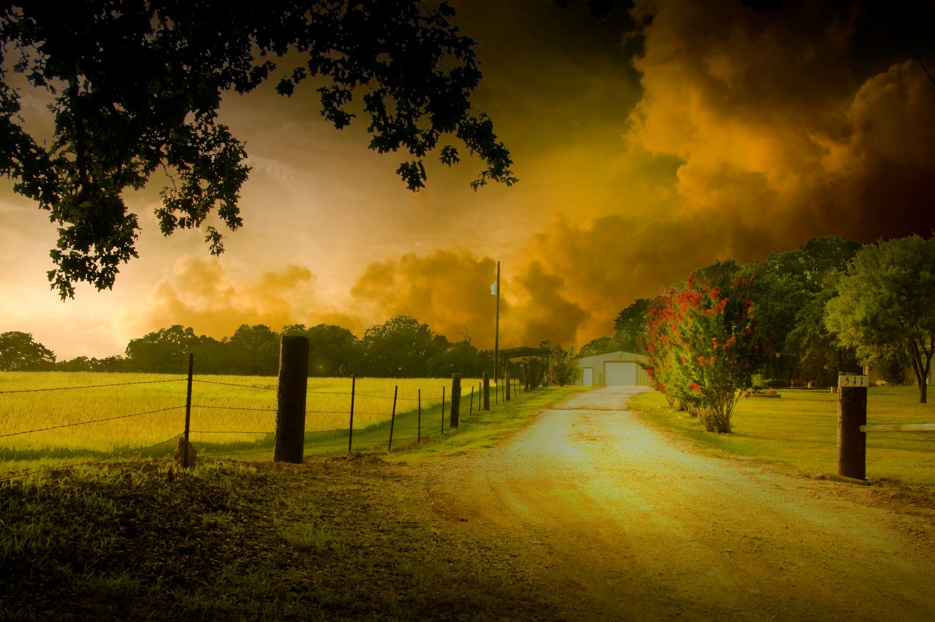 nature tree trees leaves leaves foliage flowers flowers fence fence path path house sky clouds background wallpaper widescreen fullscreen widescreen widescreen