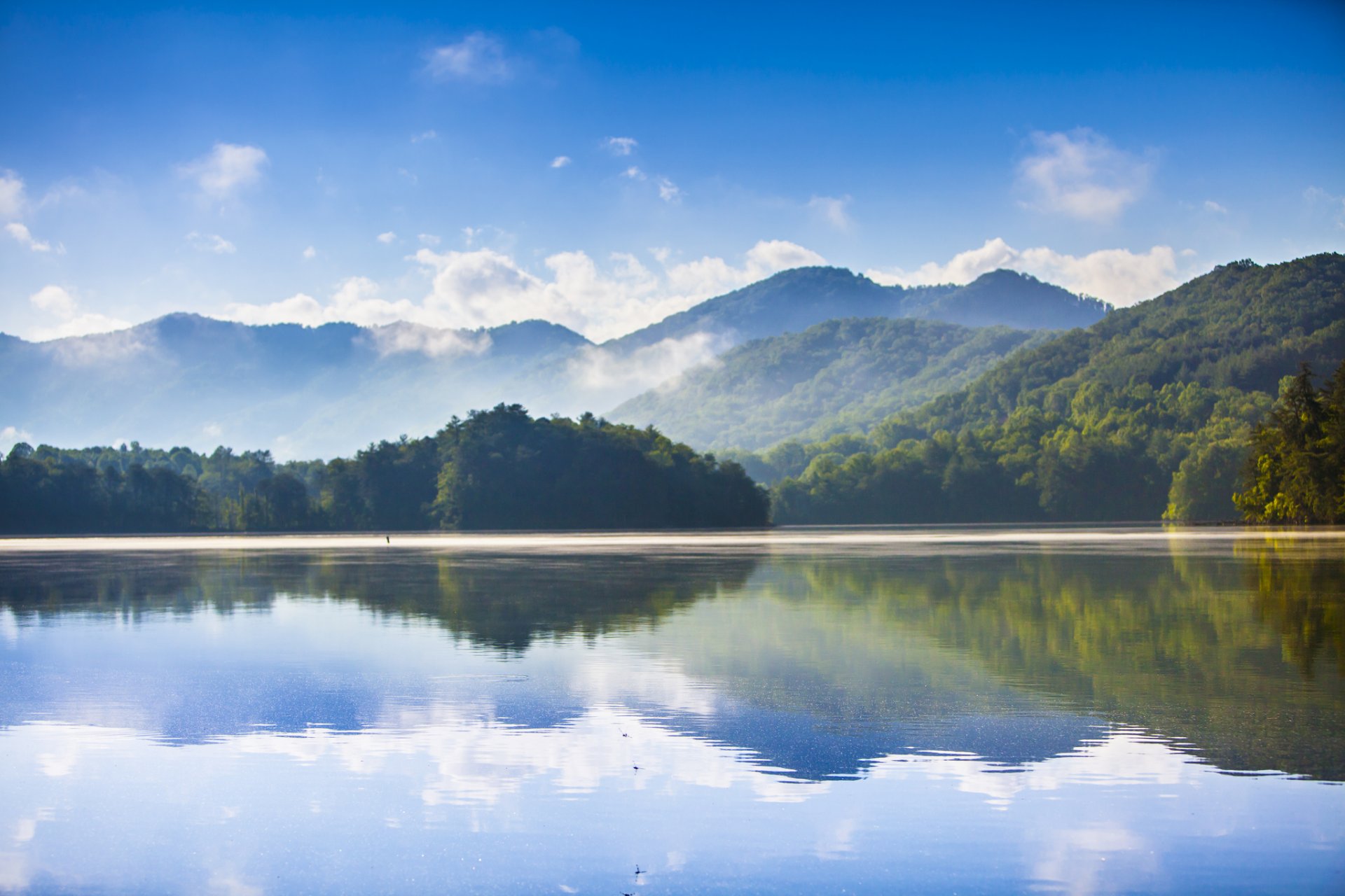 montagnes forêt lac réflexion matin