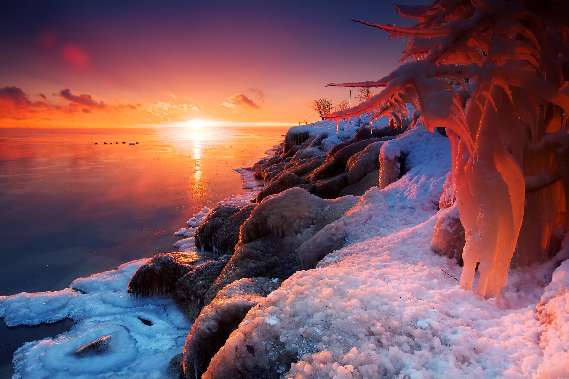 nature lake snow winter sun light fire and ice