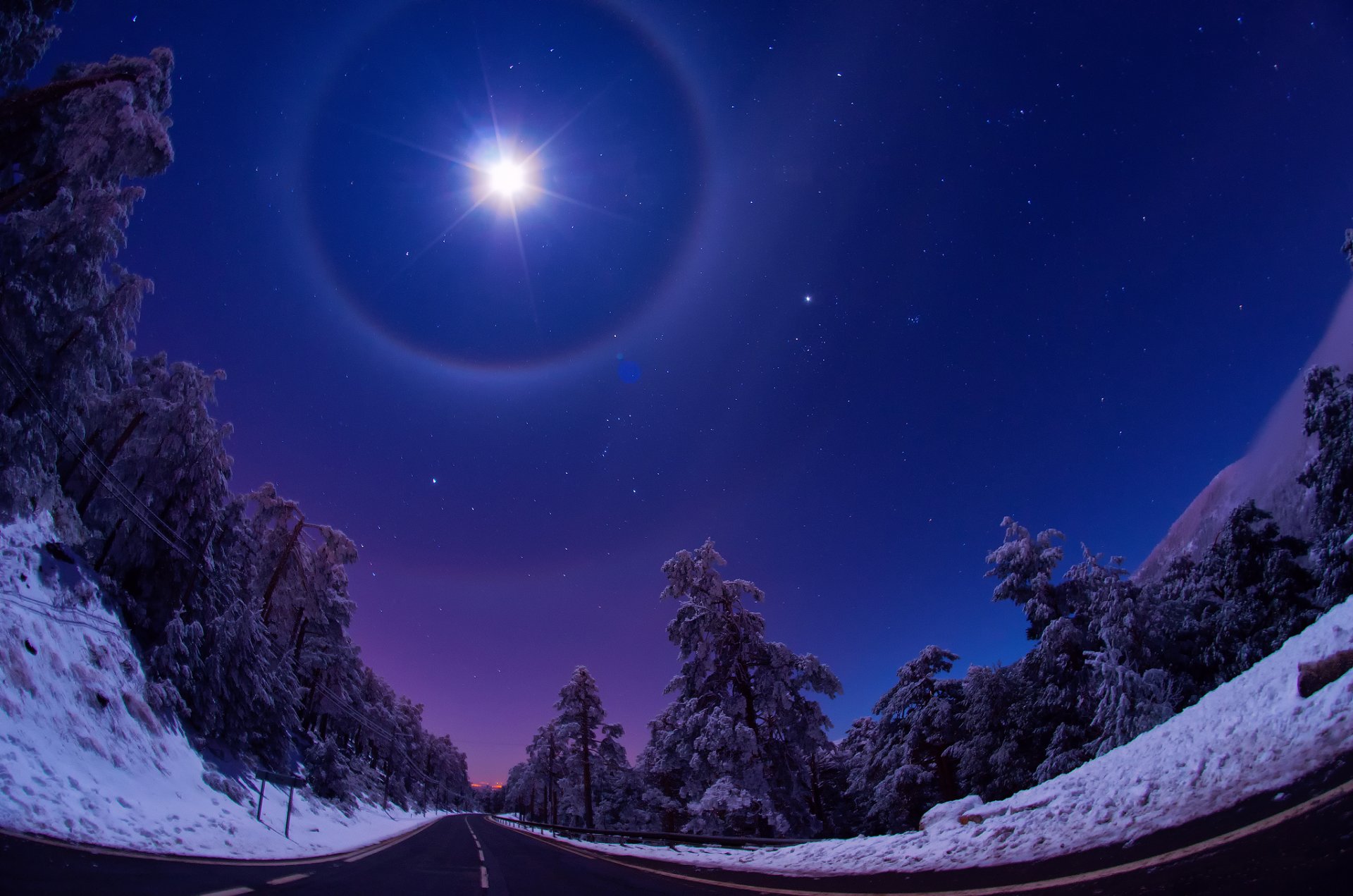 nature winter night sky moon light star road forest snow