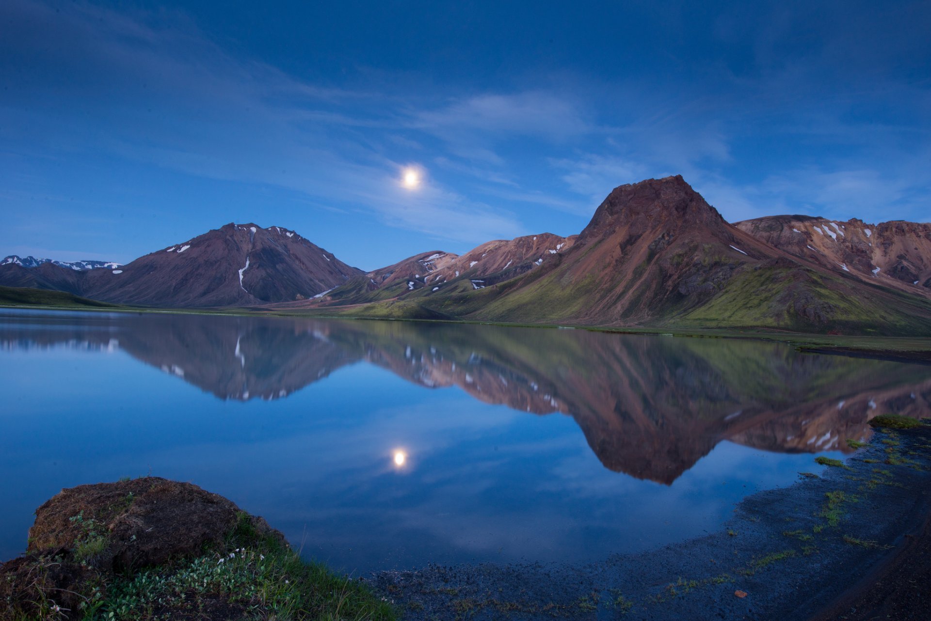 island berge see abend dämmerung mond reflexion