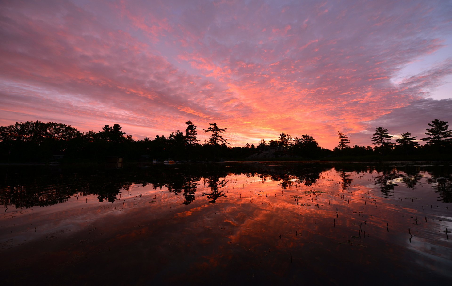 canada ontario lac arbres soir coucher de soleil orange ciel nuages réflexion