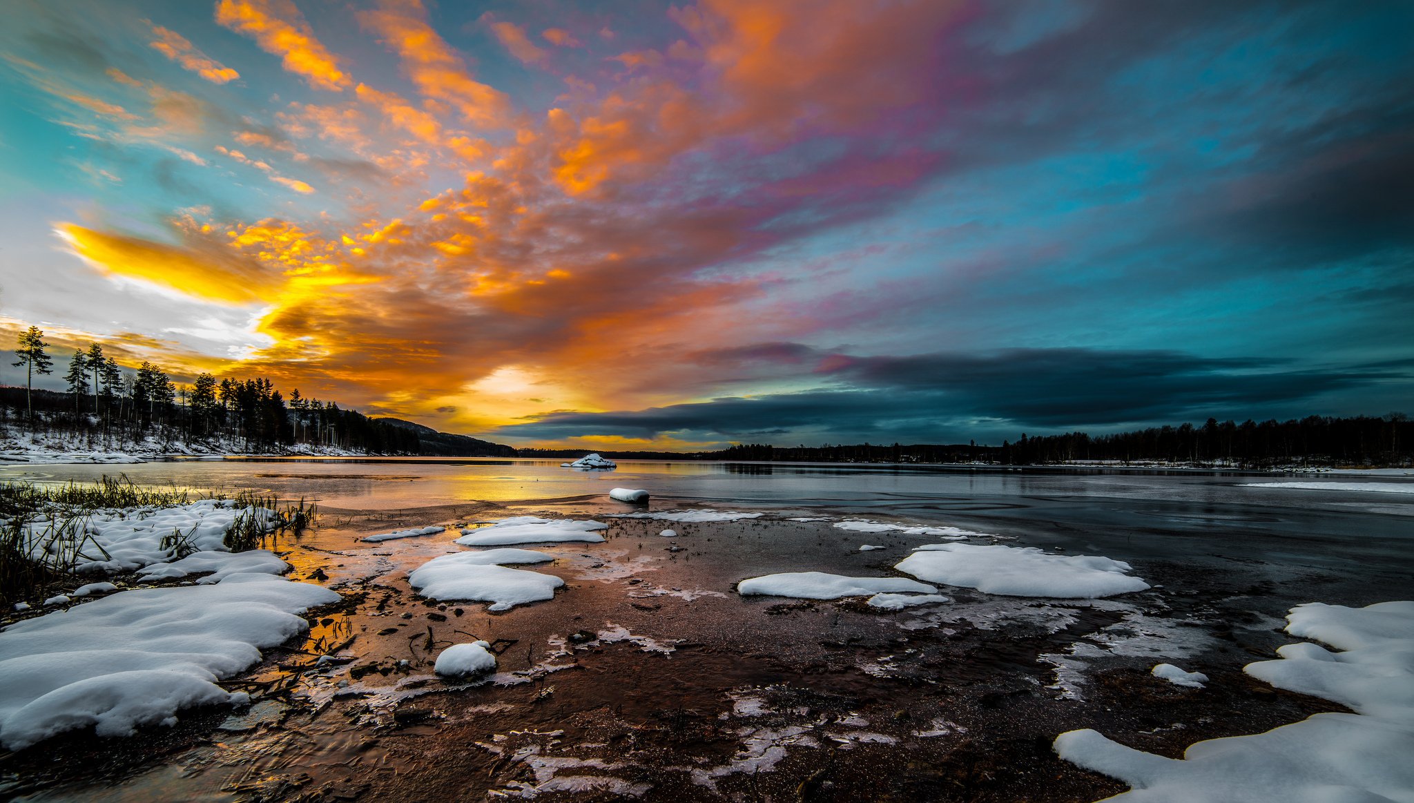 bosque lago nieve hielo invierno mañana amanecer