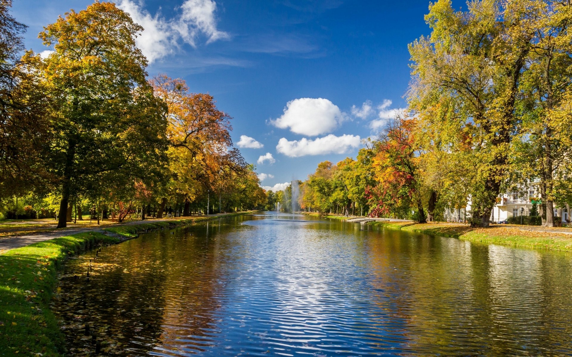 bäume allee fluss brunnen herbst park