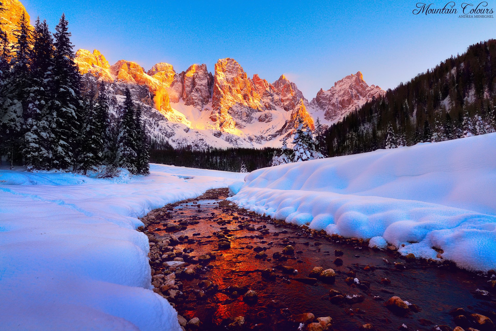 dolomitas montañas picos luz cielo bosque río nieve