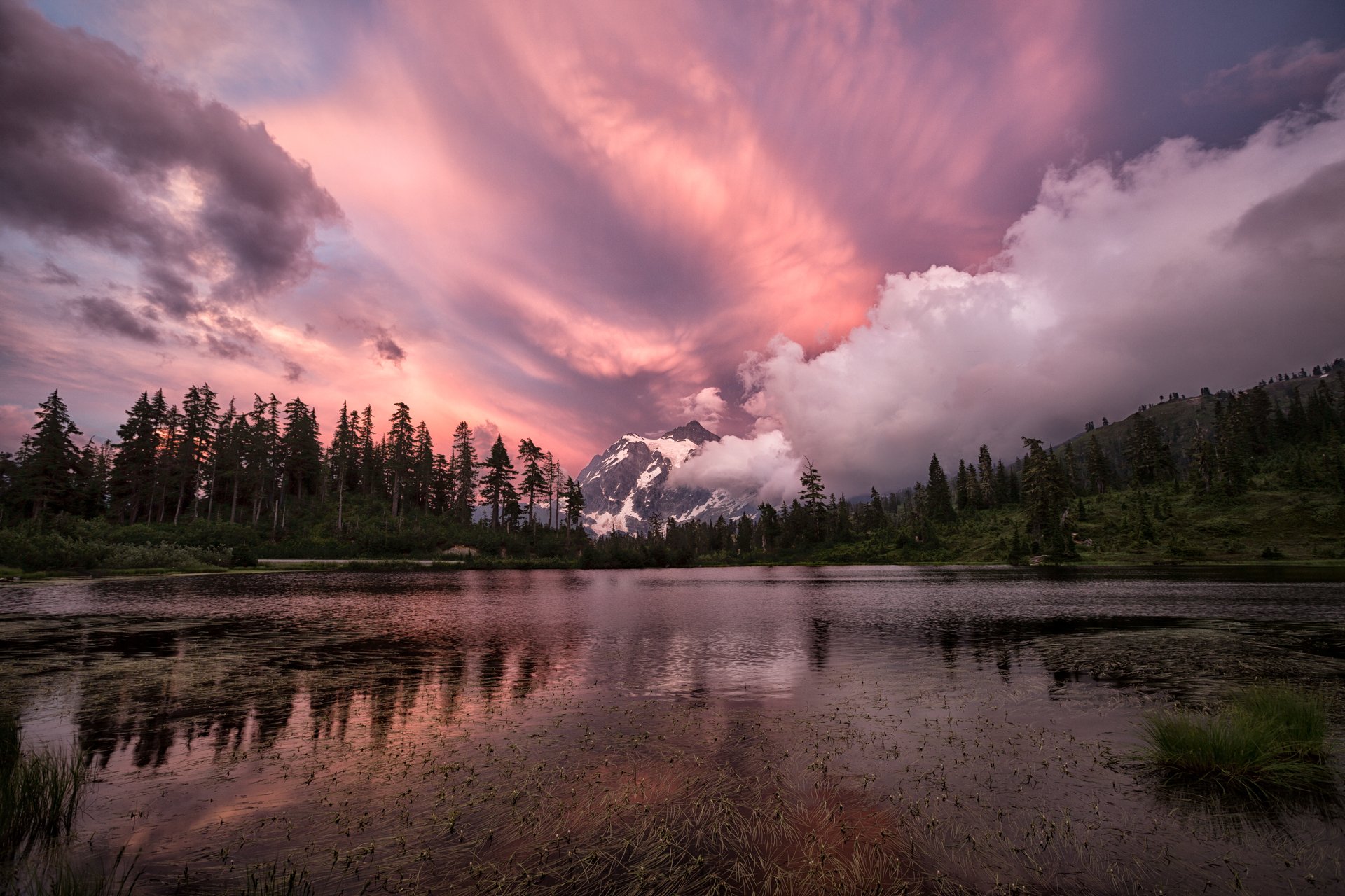 mountain clouds forest lake shoal sunset