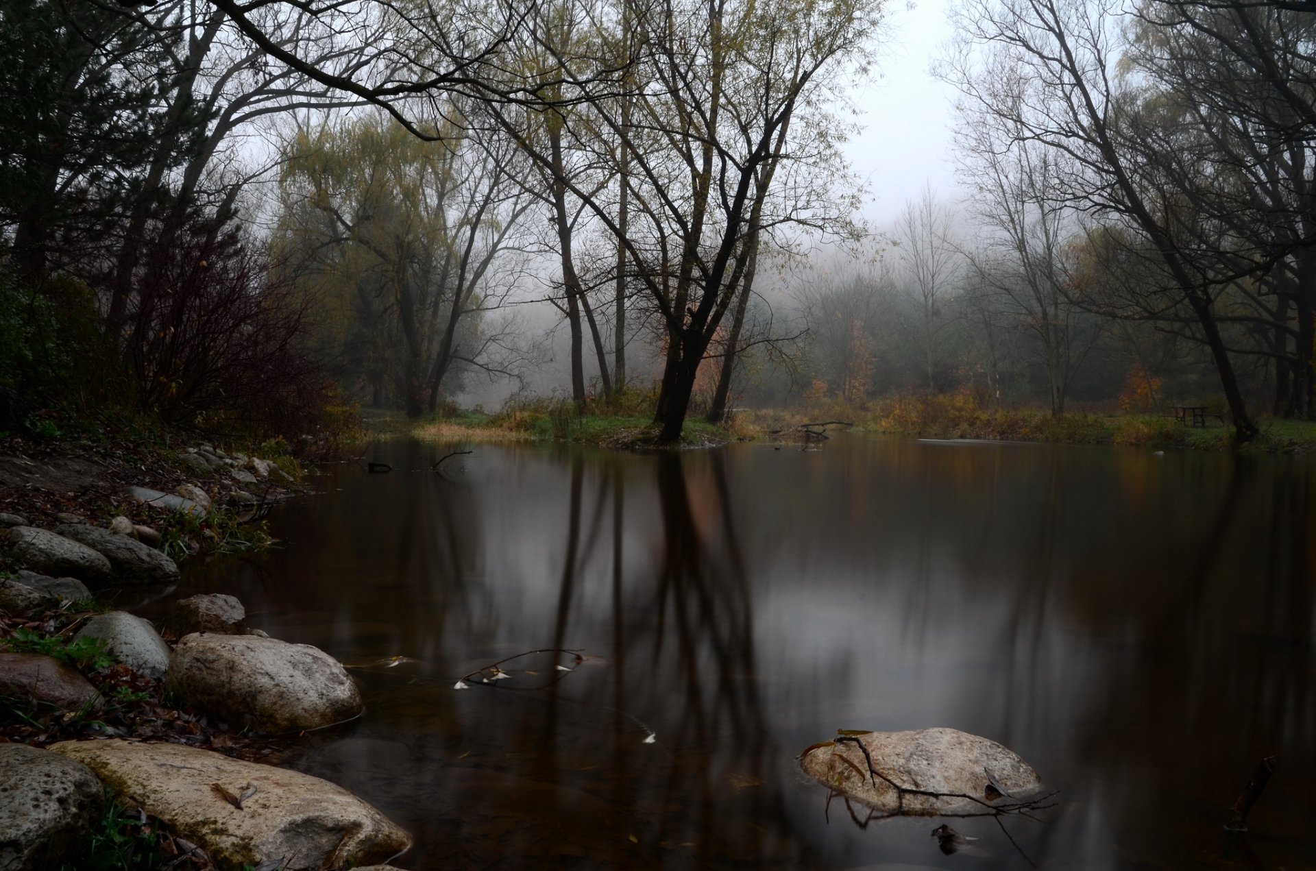 lac pierres forêt brouillard automne