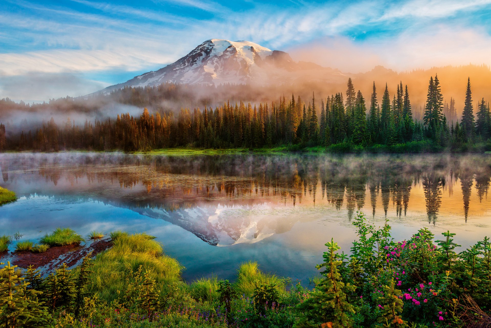 stany zjednoczone stan waszyngton góry kaskadowe góra stratowulkan rainier mount rainier lato poranek las jezioro mgła odbicia