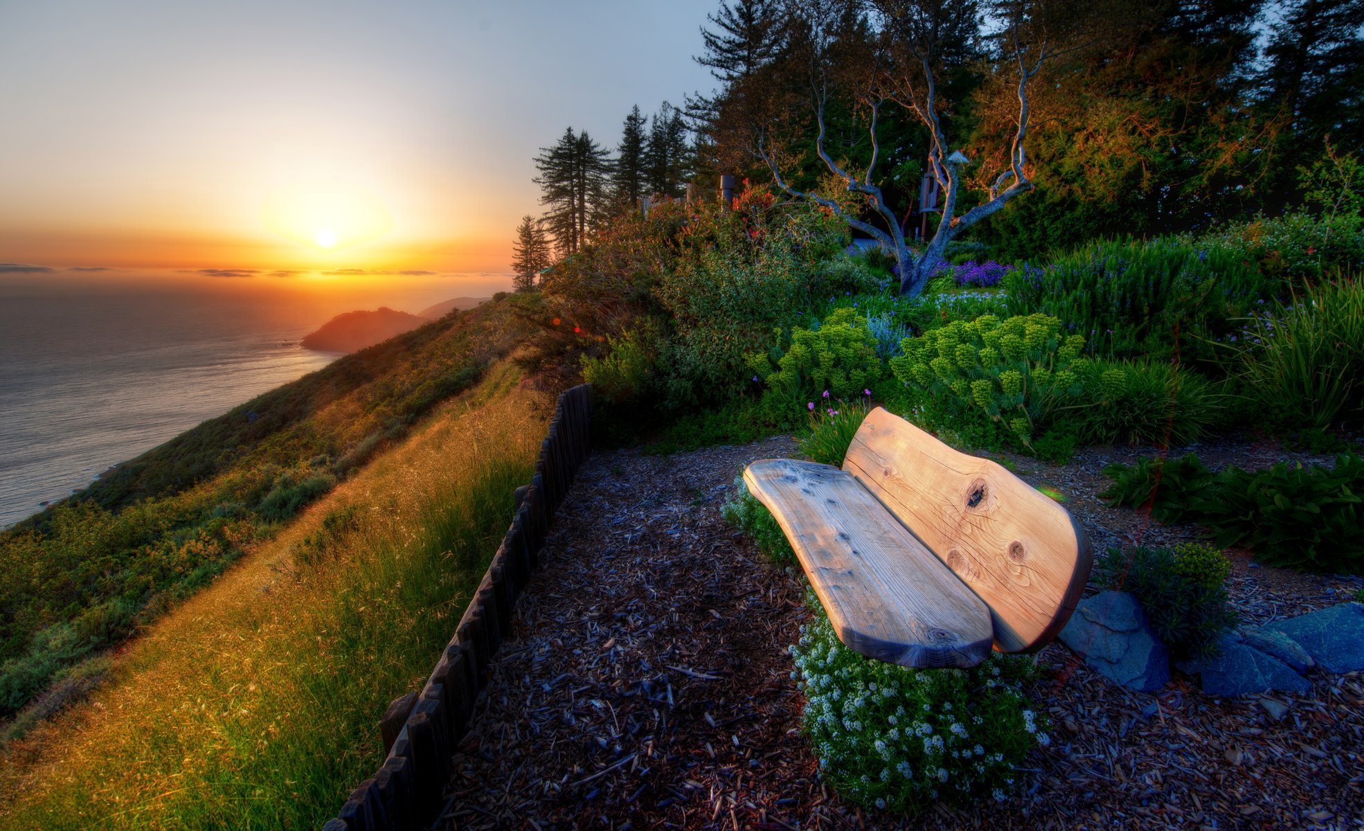 natura paesaggio panchina piante fiori fiori verde albero alberi mare acqua fiume tramonto sole cielo vegetazione sfondo carta da parati widescreen schermo intero widescreen widescreen