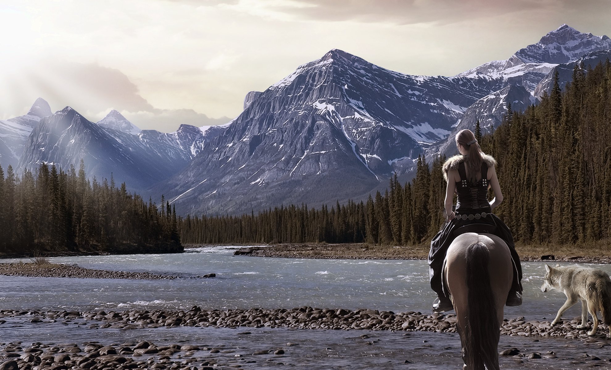 ragazza guerriero natura cavallo montagne lupo fiume foresta abete rosso paesaggio