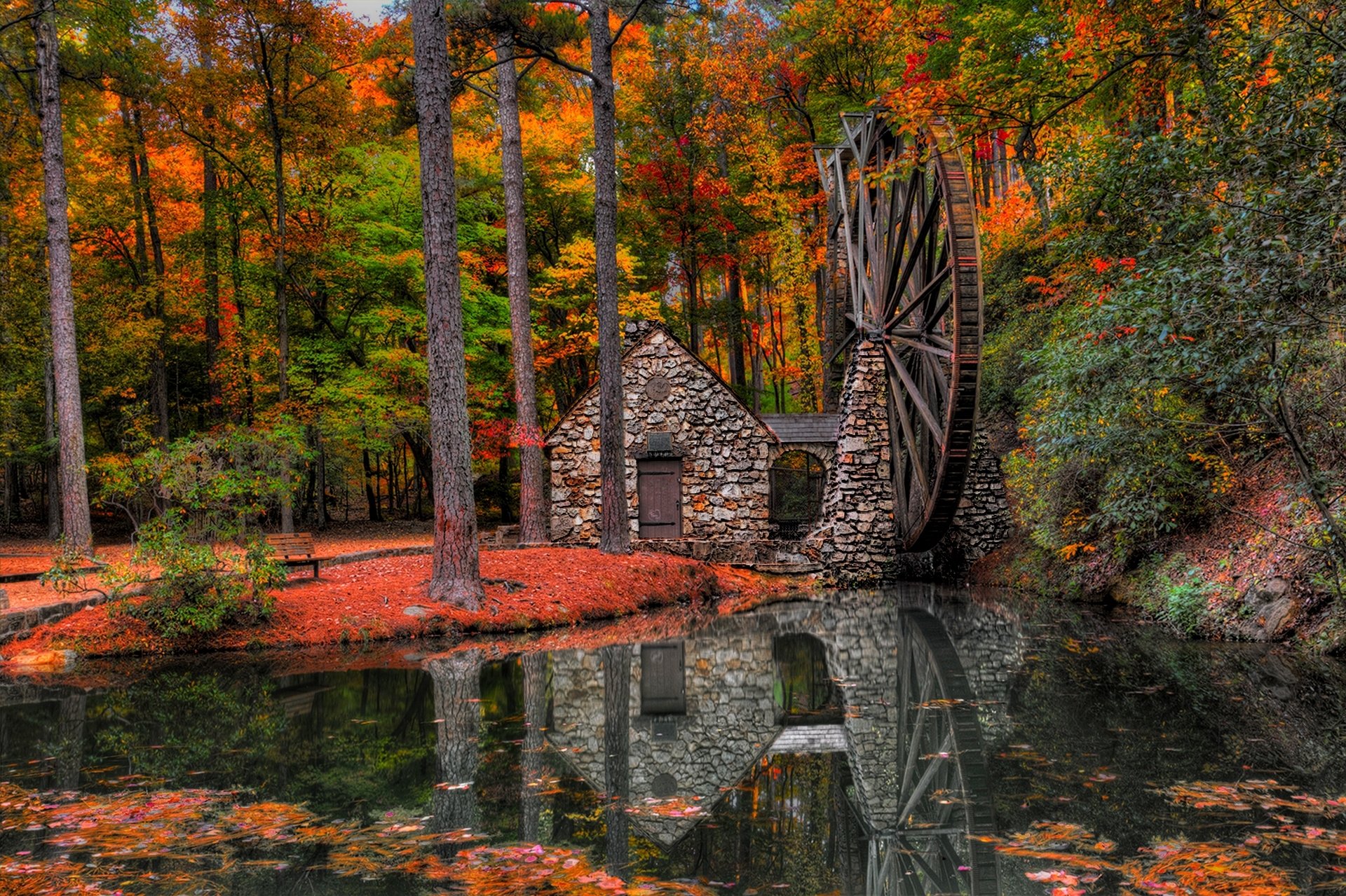 blätter wassermühle mühle park gasse bäume wald herbst zu fuß hdr natur fluss wasser ansicht tropfen ansicht trail