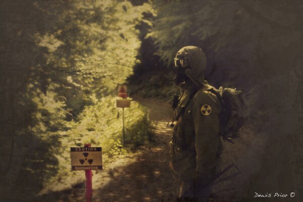 Stalker in Pripyat in a radiation protective suit