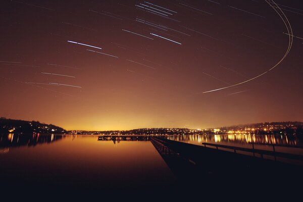 Landscape. Night on the pond. Pier